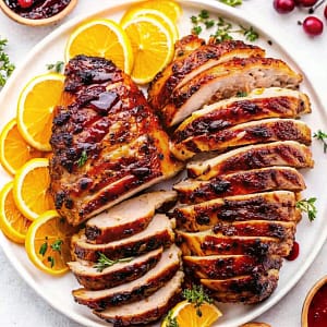 A golden brown honey baked turkey breast resting on a cutting board, glistening with glaze.