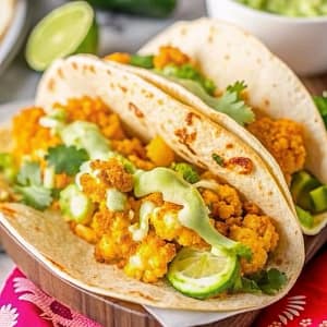 Healthy buffalo cauliflower wrap sliced in half, showing spicy roasted cauliflower, avocado, and cilantro in a tortilla.