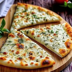 A freshly baked homemade pizza with melted mozzarella cheese, golden crust, fresh basil leaves, and glossy garlic oil.