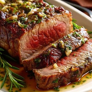 A slice of fall-off-the-bone tender roast beef on a cutting board, coated in a garlic and herb crust, next to fresh rosemary.
