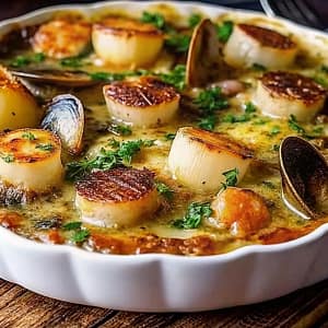 Gourmet seafood cassolette in a white ceramic dish, featuring golden seared scallops and mushrooms in a creamy sauce, garnished with fresh parsley.