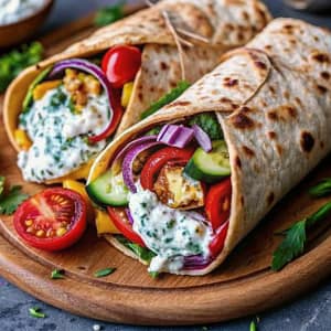 A roasted vegetable wrap sliced in half on a wooden board, showing colorful fillings.