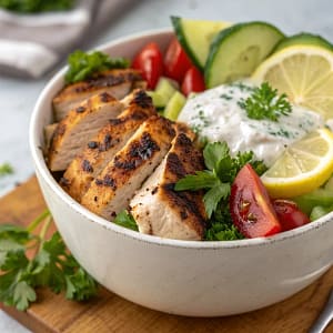 Vibrant Greek Chicken Bowl with lemon-oregano chicken, rice, cherry tomatoes, cucumber, red onion, Kalamata olives, feta cheese, and tzatziki sauce.