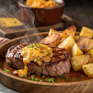 Easy homemade garlic butter steak and cheddar potato bake – juicy, flavorful, and perfectly cooked