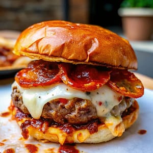 Easy homemade pizza burgers – cheesy, saucy, pepperoni-topped