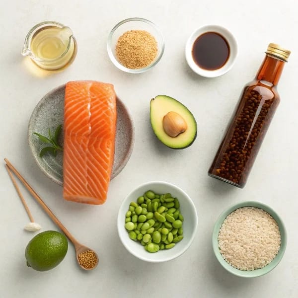 Ingredients for easy honey sriracha salmon bowls
